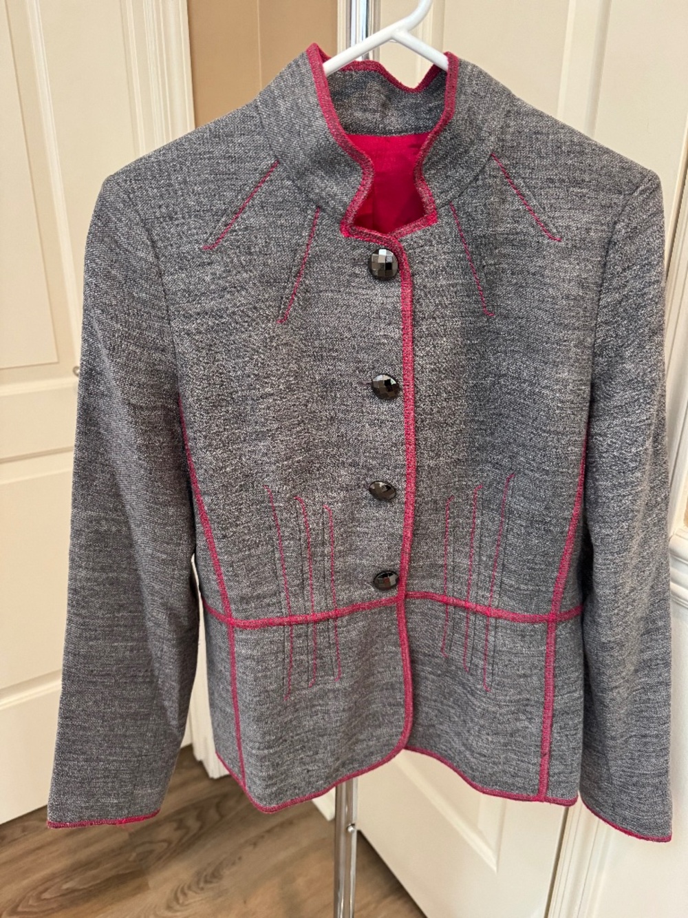 Etcetera Grey and Pink Piped Wool Blend Jacket